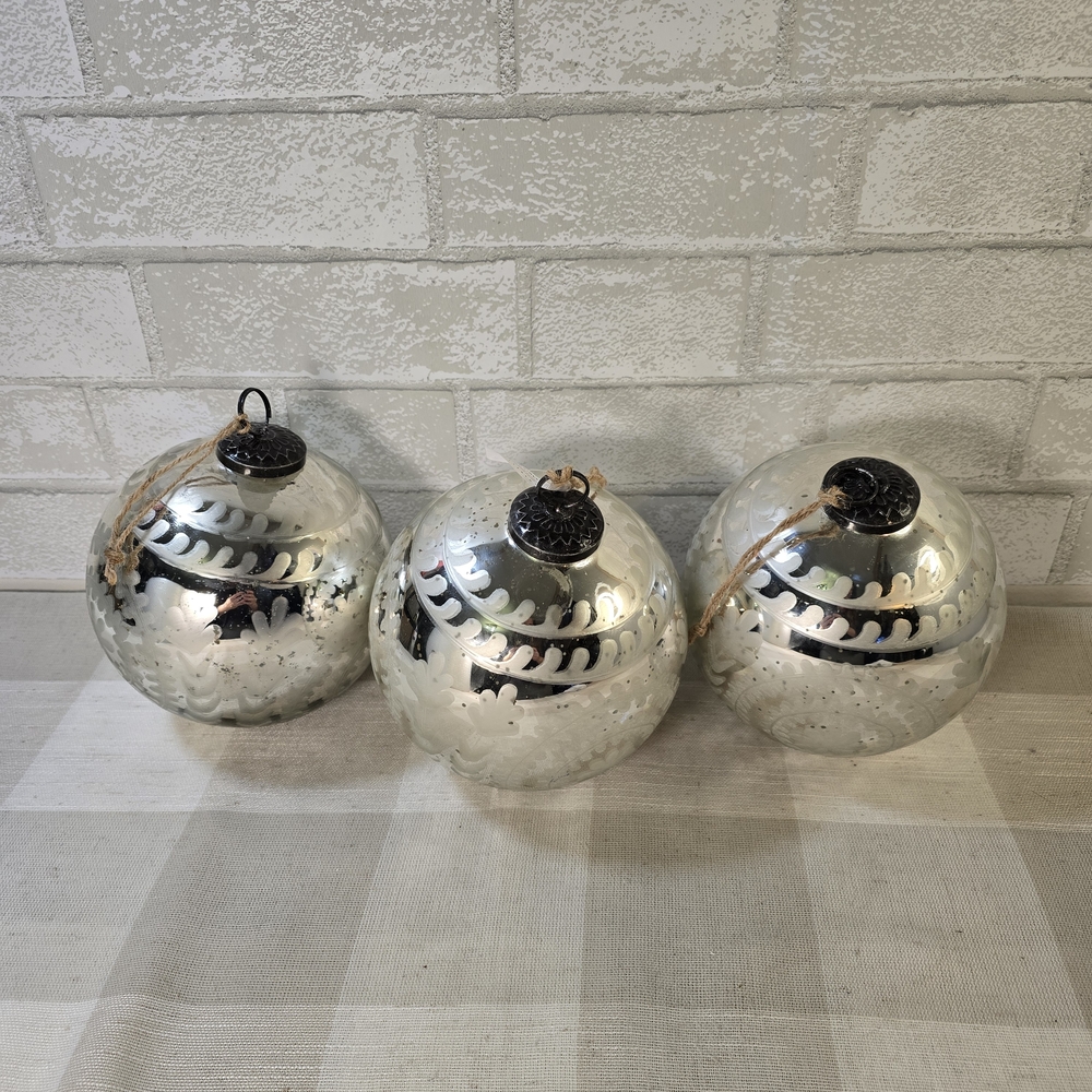 Pottery Barn Large Mercury Etched Glass Christmas Ornament 6" Ball Silver x 3